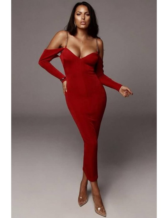 Dark-red Chain Cold Shoulder Long Sleeve Beautiful Bodycon Dress