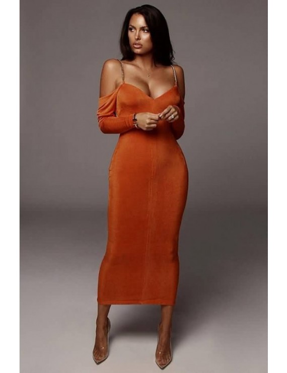 Orange Chain Cold Shoulder Long Sleeve Beautiful Bodycon Dress