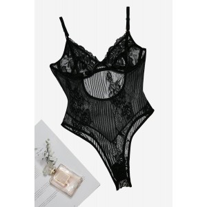 Black Yummy Scalloped Lace Teddy Lingerie