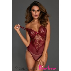 Burgundy Sheer Mesh Lace Cupped Teddy Lingerie