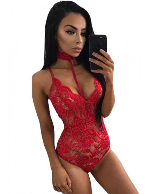 Hot Red Sheer Lace Choker Neck Teddy Lingerie