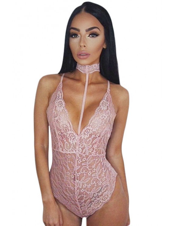 Pink Sheer Lace Choker Neck Teddy Lingerie
