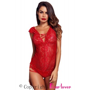 Red Capped Lace Sleeve Teddy