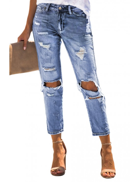 Water Wash Distressed Hole Denim Jeans