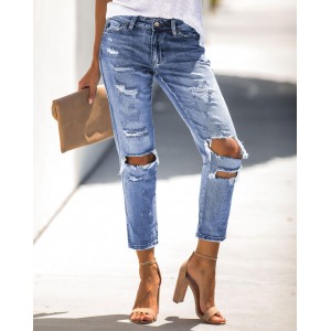 Water Wash Distressed Hole Denim Jeans