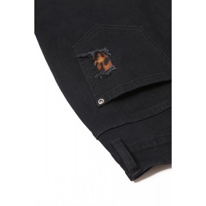 Leopard Patch Detail Black Distressed Jeans