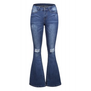 Ripped Knee Detail Blue Flared Jeans